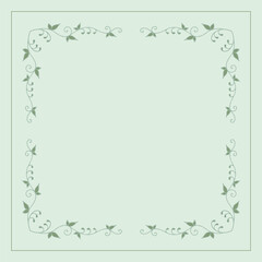 Green vegetal ornamental frame with leaves and green background, decorative border, corners for greeting cards, banners, business cards, invitations, menus. Isolated vector illustration.	
