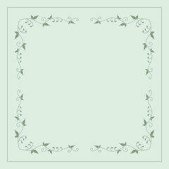 Green vegetal ornamental frame with leaves and green background, decorative border, corners for greeting cards, banners, business cards, invitations, menus. Isolated vector illustration.	
