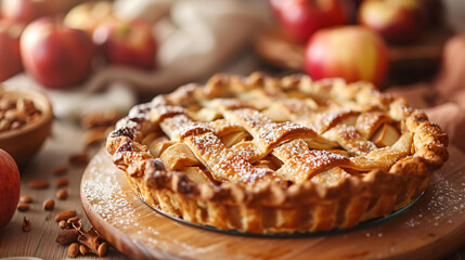 Tasty homemade apple pie on wooden board closeup