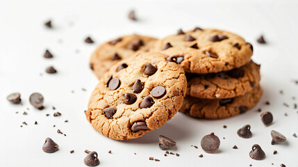 Tasty homemade cookies with chocolate chips on white 