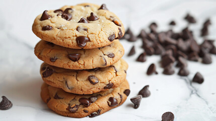 Tasty homemade cookies with chocolate chips on white 
