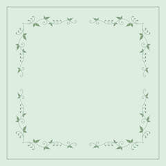 Green vegetal ornamental frame with leaves and green background, decorative border, corners for greeting cards, banners, business cards, invitations, menus. Isolated vector illustration.	
