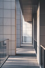 A modern long hallway with a railing and a glass wall, suitable for architectural and interior design projects