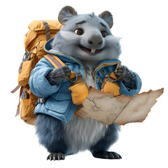 A 3D animated cartoon render of a smiling wombat assisting lost hikers in finding their way.