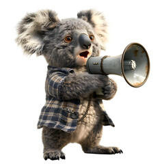 A 3D animated cartoon render of a koala holding a megaphone while a family listens attentively to an approaching bushfire.