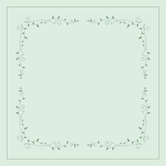 Green vegetal ornamental frame with leaves and green background, decorative border, corners for greeting cards, banners, business cards, invitations, menus. Isolated vector illustration.	
