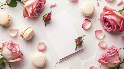 Tasty macaroons rose flowers and blank greeting card