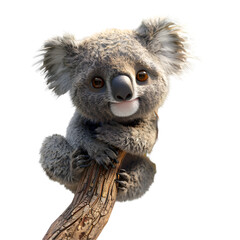 A 3D animated cartoon render of a koala climbing a tree to get a family's attention as a bushfire approaches closer.