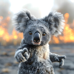 A 3D animated cartoon render of a koala pointing towards a bushfire with an alarmed family as smoke rises in the distance.
