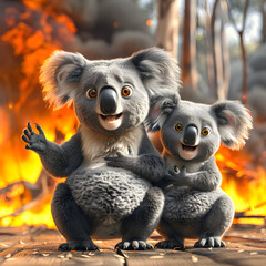 A 3D animated cartoon render of a cute koala waving frantically with a surprised family as a bushfire looms in the background.