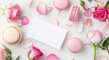 Tasty macaroons rose flowers and blank greeting card