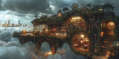 A captivating fusion of literature and cinema set against the iconic Hollywood skyline, featuring drama-themed book sections and film reel adornments.