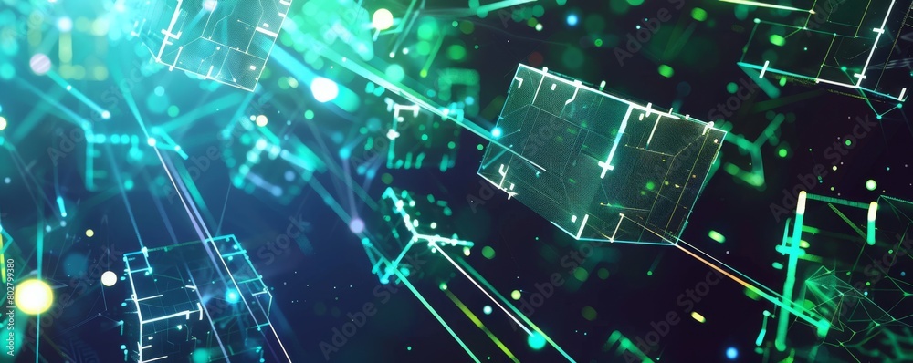 Poster dynamic abstract visualization of a blockchain network flow with illuminated cubes and connecting li