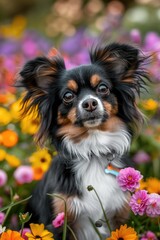 A cute small dog sitting peacefully in a colorful field of flowers. Perfect for pet lovers or nature enthusiasts
