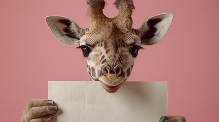 Cute giraffe holding blank white sign