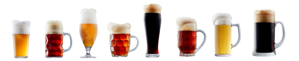 Set of beer cocktails with foam isolated on white background
