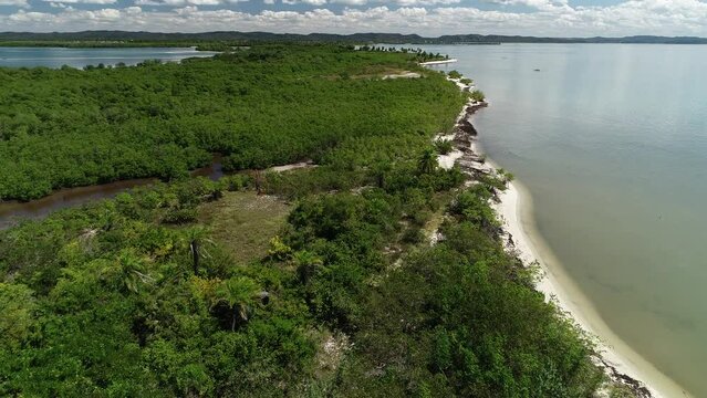 Aerial view of Ponta do Dourado Island, Ba&iacute;a de Todos os Santos - Salinas da Margarida, Bahia, Brazil