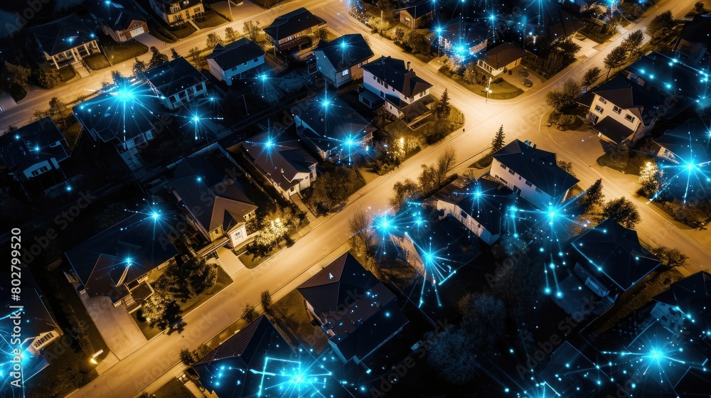 Poster Aerial view of digital connections between houses in suburban neighborhood at night