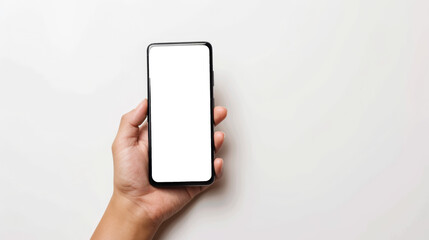 Close up of hand holding smartphone on white background