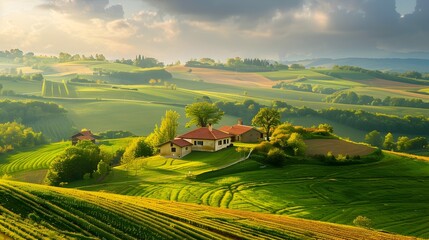 Charming Countryside Landscape with Rustic Farmhouses and Rolling Fields