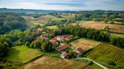 Naklejka premium Charming Countryside Landscape with Quaint Farmhouses and Cultivated Fields in Pastoral Setting