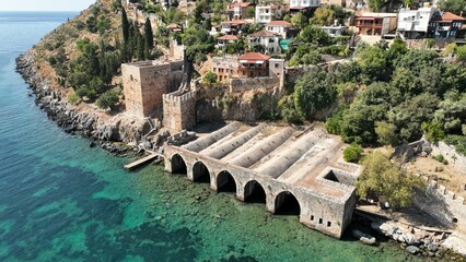 Alanya Shipyard was built in 1228 during the Anatolian Seljuk period. A photo of the shipyard taken with a drone.