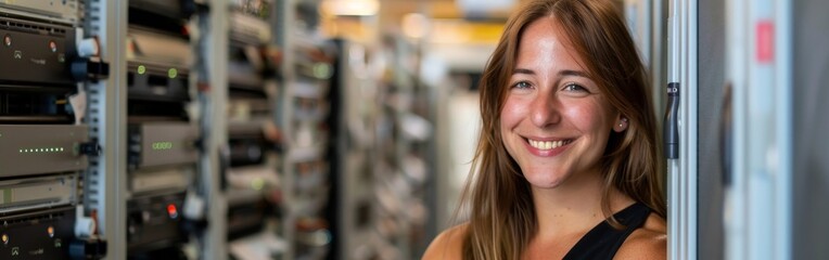 An IT woman stands in front of a rack of servers in a tech room