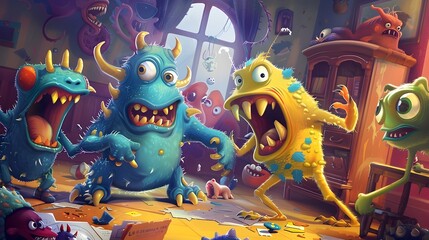 Naklejka premium Colorful Quirky Cartoon Monsters in Humorous and Vibrant Scene