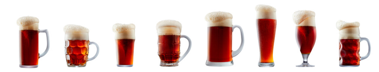 Set of beer cocktails with foam isolated on white background