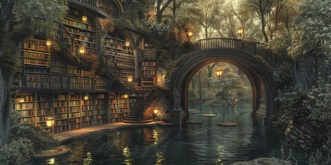 Explore a whimsical world within a majestic floating library, encompassing arched doorways and ethereal lanterns, ideal for enchanting narratives.