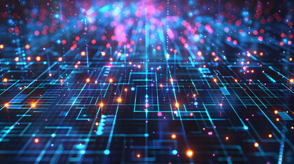 Obraz premium Grid surface. Abstract science or technology background. Digital background with glowing particles and lines. Big data visualization. Connecting internet of things