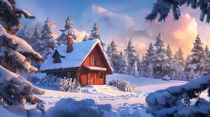 Naklejka premium Cozy Winter Wonderland Cabin Nestled in a Snow Covered Forest Landscape at Sunset