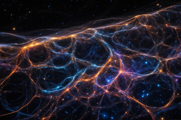 the cosmic web, a vast network of filaments and voids that connect galaxies across the universe. Bright lines, dark areas.
