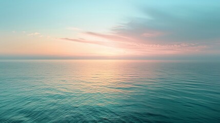 Aerial view of a tranquil horizon at sunrise, soft gradients painting the sky, a seamless blend of warmth and calm