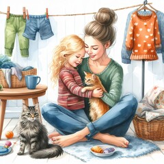 Obraz premium Mom and daughter playing with cats. Pets.