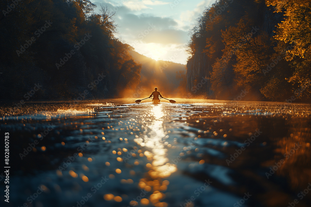 Wall mural rower pulling hard on the oars, powering their boat through the water.glides down river at sunset, s