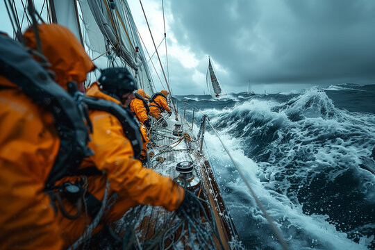 Sailing team navigating their boat through rough seas with precision and teamwork .Group sailing on watercraft in ocean, surrounded by sky, clouds, wind waves