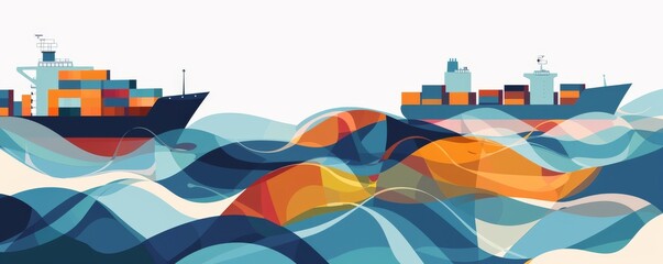 Colorful abstract illustration of container ships sailing over vibrant ocean waves