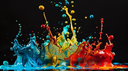 A vibrant dance of colorful paint splashes against a dark background