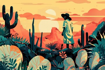 Illustration of a Lone Explorer in a Desert Wilderness at Sunset - obrazy, fototapety, plakaty
