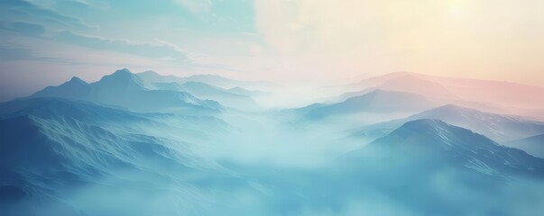 An ethereal landscape of rolling mountains, shrouded in a blanket of mist. The peaks are touched by the gentle light of the setting sun, casting a warm glow over the scene.