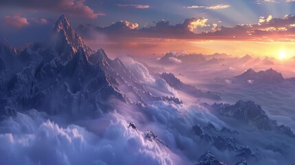 A beautiful landscape of snow-capped mountains and rolling clouds at sunset