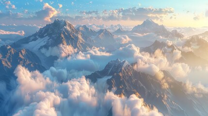 Enhance the beauty of this majestic mountain landscape with clouds by adding more detail and realism