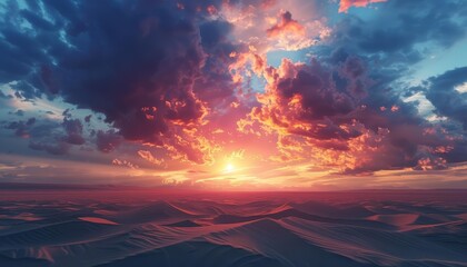 Fototapeta premium A beautiful sunset over a vast desert landscape. The warm colors of the sky and the sand dunes create a peaceful and serene scene. The clouds are lightly scattered across the sky.