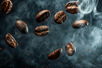 Coffee Beans in Flight Against Dark Backdrop