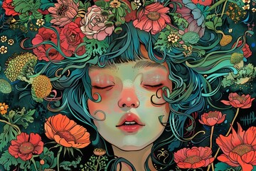 Surreal Floral Dreamscape with Resting Female Figure