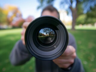 Close-up image showing the reflection of a park scene in a camera lens held by a blurred person in the background.