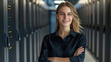 A female network engineer stands confidently in front of a row of servers in a data center