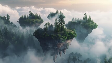 Generate a concept art image of a floating island with a lush forest and a small clearing in the center