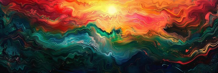 a colorful abstract painting featuring a red, orange, yellow, green, and blue color scheme